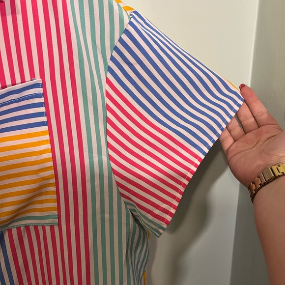 SHEIN Colorful Striped Button Down Shirt with Front Pocket - Picture 3 of 5